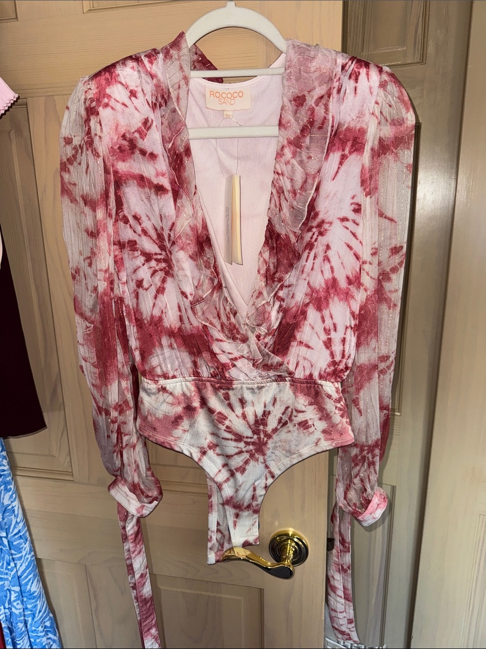 NWT Rococo Sand Pink Marble Surplice Ruffle Bodysuit - Picture 2 of 5